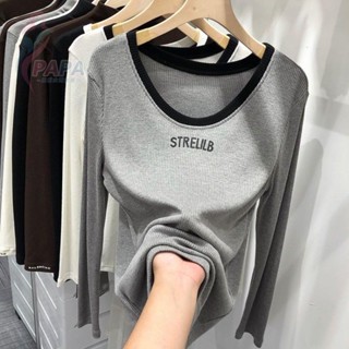 拼色圓領字母長袖t恤女裝春季新款修身別緻打底小衫ins潮上衣 長袖寬鬆上衣 女生韓版 大尺碼秋冬上衣【PAPA】