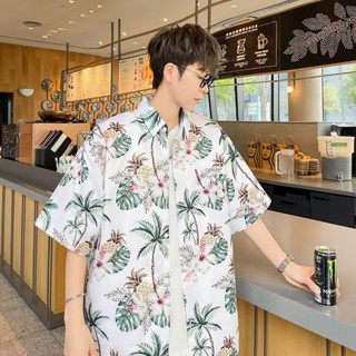時尚夏季花朵印花菠蘿短袖襯衫男士夏威夷中性