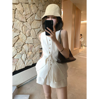 【夏天Summer】🔥 泰蘭德巷尾老錢風氣質時尚亞麻套裝女鬆弛背心馬甲闊腿短款兩件套