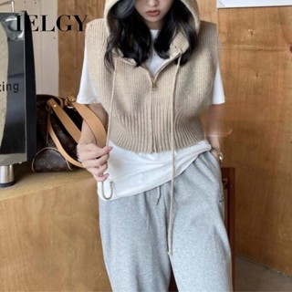 IELGY 女士針織背心韓版無袖背心短款開衫連帽外套