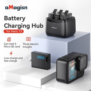 Amagisn 電池充電器適用於 GoPro Hero 13 3 通道電池充電集線器,帶 Micro SD 儲存插槽 G