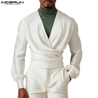 Incerun 男士復古休閒解構斜交叉領襯衫