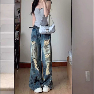 愛依依 破洞牛仔褲 長褲 闊腿褲 直筒褲XS-4XL大碼美式復古廢土風潑墨破洞牛仔褲-6434.