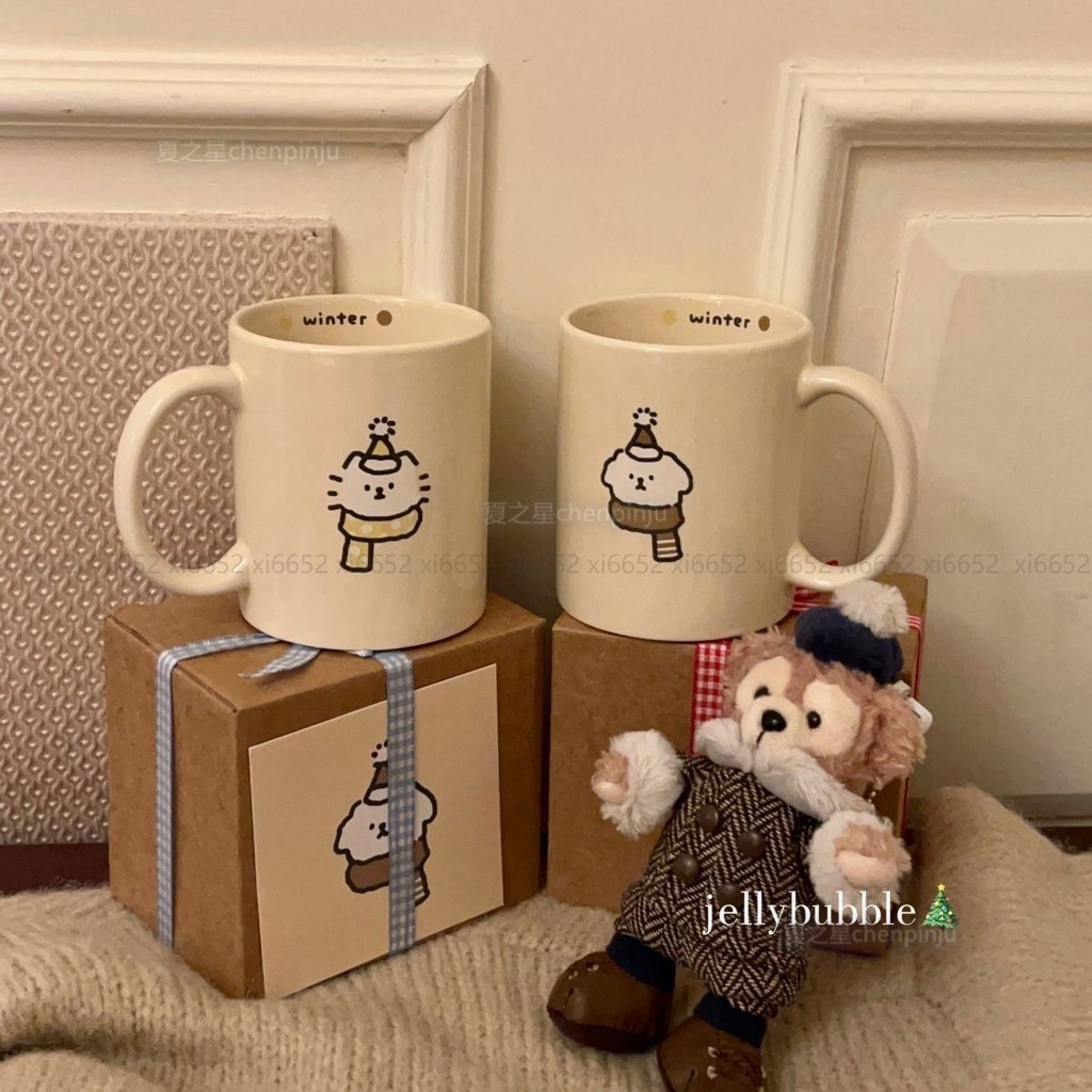 韓版可愛陶瓷杯 奶油風馬克杯ins卡通情侶奶油杯早餐家用馬剋杯情侶閨蜜生日禮物加厚咖啡杯大容量馬克杯可愛馬克杯陶