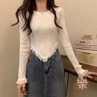 秋冬設計感圓領流蘇不規則長袖T恤女修身純欲風洋氣短款秋款上衣 秋季長袖T恤 韓版長袖 寬鬆流蘇長袖 韓係長袖【樂購】