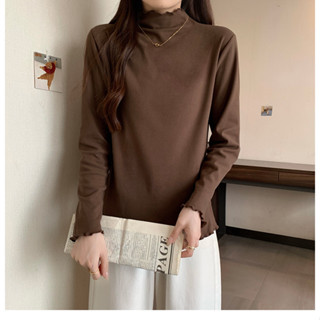 L-4XL 韓版半高領德絨打底衫女 秋冬內搭上衣 大尺碼女裝上衣 長袖上衣 木耳邊上衣 小眾設計感 修身顯瘦上衣