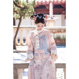 【❤️臺灣現貨❤️】清朝格格服裝 宮廷風清代晚清印花古裝女 大襟旗袍馬甲倒大袖套裝全套 拍戲表演古代漢服