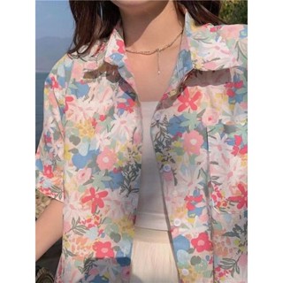 寬鬆印花半袖青年男女夏季時尚品牌街頭夏威夷風襯衫半袖夏季民族風印花碎花雪紡polo領袖襯衫