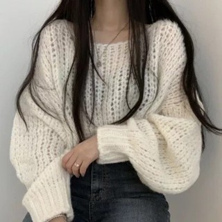 【HOT 本舖】 韓國chic秋季百搭糖果色顯膚套頭寬鬆粗線燈籠袖針織毛衣女