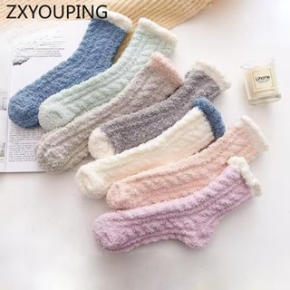 Zxyouping 1雙冬季加厚保暖珊瑚絨襪中小腿雪地家居簡約月襪