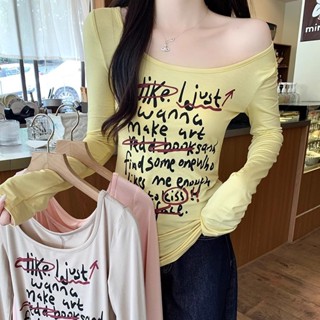 衣時尚 上衣 長袖T卹 打底衫 S-XL 新款新款字母露肩露背中長版長袖t卹TCF02-B8077.