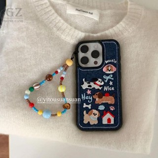 卡通刺繡牛仔布鏈條 適用iPhone 16 15 14 13 12 Pro Max i15 i16 16pro 手機殼