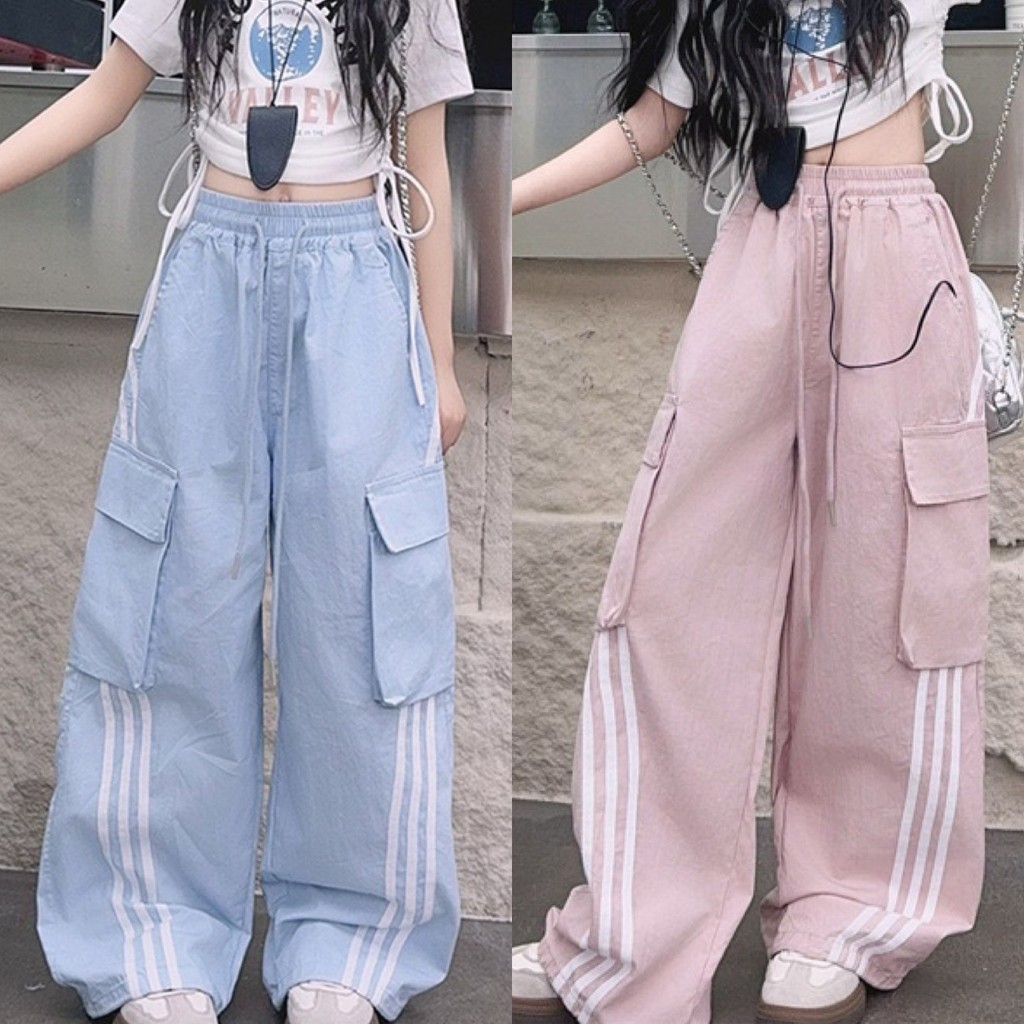 NANA CHAN-女童長褲大碼120-170兒童寬鬆褲帶條紋口袋KG93