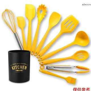 10件套矽膠廚具套裝 不沾鍋烹飪鏟勺帶收納桶 黃色
