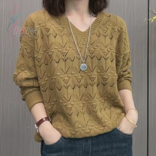 【大碼女裝】時尚洋氣v領鏤空顯瘦氣質上衣針織衫百搭長袖秋冬女 肉肉女穿搭 秋冬大尺碼上衣 鏤空針織長袖上衣【PAPA】