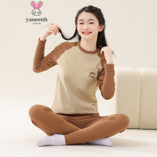 【YAOEENH】100-180CM 秋冬男女童拼接插肩袖睡衣套裝 青少年磨絨保暖內衣家居服 現貨 快速出貨