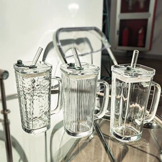 花茶杯 玻璃馬剋杯 早餐杯 玻璃茶杯 [D925]ins簡約杯子條紋吸管高顔值咖啡杯直身牛奶水杯飲料家用玻璃杯