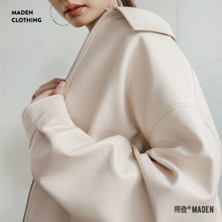 馬登美式復古米白色皮衣外套寬鬆機車短版夾克通勤外套上衣春秋女