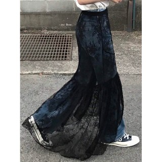 WEILI 女士黑色蕾絲荷葉邊不對稱下擺透明覆層裙、度假裝、沙灘裝