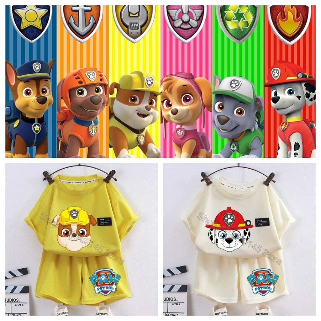 Paw Patrol卡通動漫純棉華夫格風T恤兒童夏季套裝短袖短褲兩件套