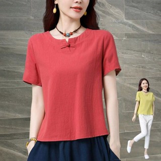民族復古T恤棉麻短袖夏裝女裝夏季盤扣新款寬鬆小衫媽媽上衣發完|氣質媽媽裝|大尺碼女裝|ins潮T恤 JCL服飾