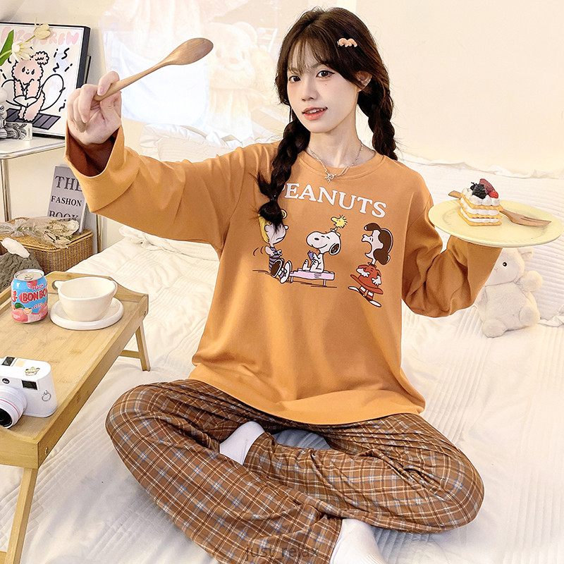 長袖睡衣 史努比睡衣 居家服 可愛睡衣 家居服 女睡衣 兩件式睡衣 大尺碼睡衣 Snoopy 睡衣套裝 卡通睡衣 居家睡