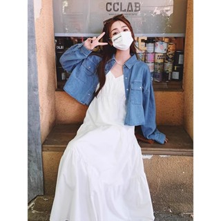 M-4XL 牛仔外套吊帶連身裙兩件式套裝 大尺碼套裝女 高階感穿搭 秋天套裝 修身顯瘦套裝 梨形身材 白色洋裝