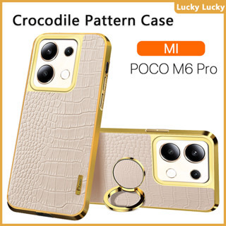 皮革 POCO M6 Pro 手機殼 M5 M5s M4 M3 Pro 柔軟防震鱷魚紋指環支架支架全保護相機鍍金超薄