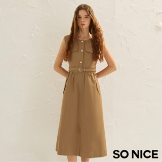 SO NICE 摩卡慕斯雅丹老錢風圓領收腰A-line挺瘦長洋裝｜都會時尚女裝【75544005】