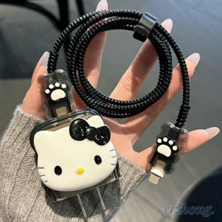 適用於 iPhone 18W/20W 少女黑色 Hello Kitty 圖案 Wave Edge 充電保護器數據線螺旋纏