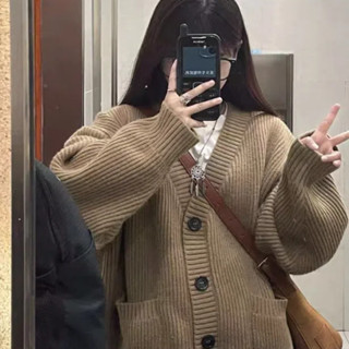 【HOT 本舖】 M-4XL 秋冬季新款灰色毛衣外套 韓系寬鬆復古中長款針織開衫 長袖上衣 衣服