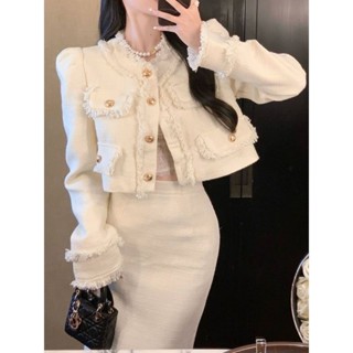 【SHINE GIRL】氣質名媛 小香風長袖外套 顯瘦半身裙子 秋冬新款 韓版時尚 洋氣兩件套
