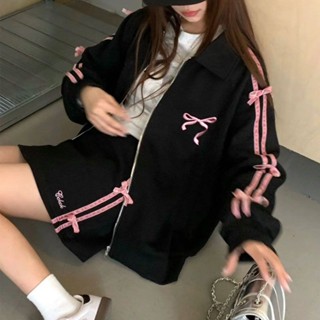🎗芭蕾風穿搭 【純棉】ins復古學院風甜美可愛蝴蝶結寬鬆翻領休閒寬鬆運動外套 韓系穿搭 蝴蝶結上衣