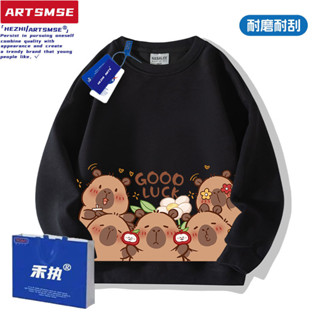 秋季新品男大童T恤兒童長袖上衣卡皮巴拉衣服兒童卡通純棉圓領衛衣男女童寬鬆親子裝長袖