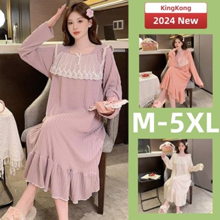 睡裙 M-5XL 大尺碼睡衣 秋冬季 長袖睡衣裙 連身睡衣 棉質 寬鬆大碼 純色素面 100kg女生 可外穿 居家服洋裝