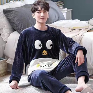 企鵝#L-3XL法蘭絨加厚睡衣珊瑚絨保暖家居服睡衣套裝男士青少年