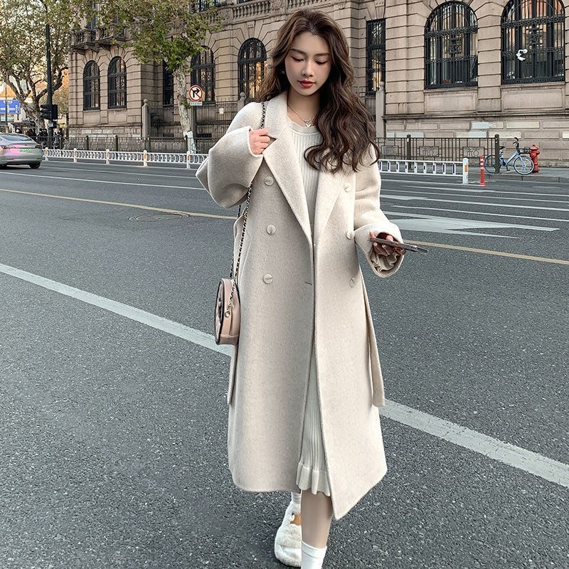 Lisagia🌸藍色雙面絨呢子大衣女 2024年秋冬風衣外套 新款韓版寬鬆中長款赫本毛呢厚外套 百搭保暖女生外套