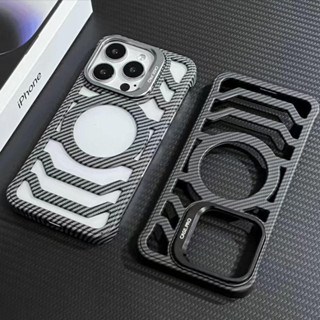 碳纖維紋散熱硬殼磁吸無邊框適用蘋果16promax鏡頭支架適用蘋果iPhone15 14 13 12 ProMax保護殼