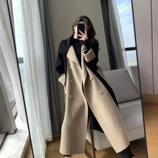 【K2aola女裝館】 冬季拼色INS時尚百搭女式春秋中長風衣羊毛大衣