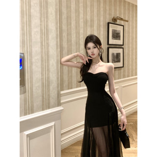 【❤️臺灣現貨】辣妹洋裝 針織抹胸網紗拼接黑色洋裝 修身顯瘦連衣裙長款 派對洋裝 小黑裙長裙 韓系洋裝