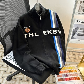 美式高街毛衣 早春字母刺繡雙拉鍊加厚針織外套 撞色拼接針織上衣