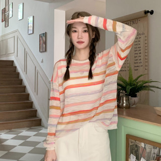 《現貨下單》秋季新款條紋針織彩虹條紋長袖防曬衫女寬鬆韓版薄款休閒上衣女 t恤短袖女上衣長袖 t恤女女裝 韓系女生衣服