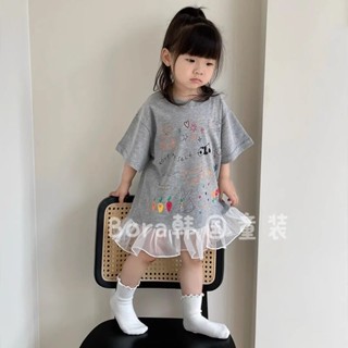XYJ 萌娃系列新款女童洋氣圓領洋裝兒童小女孩網紗中長款T恤裙