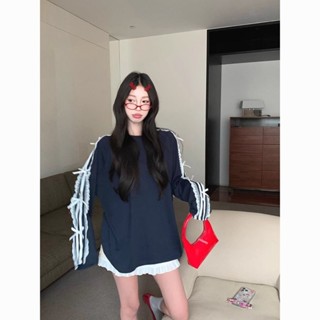 🎗芭蕾風穿搭 蝴蝶結黑色長袖寬鬆T恤女裝夏季蕾絲拼接韓版中長款圓領百搭上衣 韓系穿搭 蝴蝶結上衣