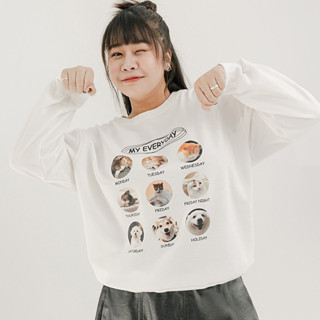 【PolyLulu】 俏皮DAILY貓狗印花長袖圓領大學TEE 中大尺碼上衣 白色