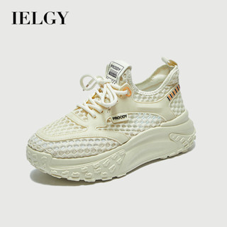 IELGY 2025時尚運動鞋女新款老爹鞋跑步運動網面透氣米色圓頭