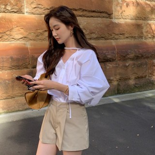 秋季法式 V領襯衫 2色 復古設計感上衣 韓國chic上衣 寬鬆簡約長袖襯衫 通勤上衣