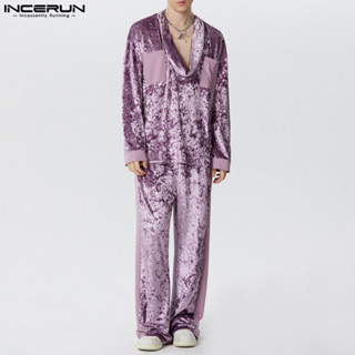 Incerun 男士復古拼布長袖鞦韆領休閒兩件套