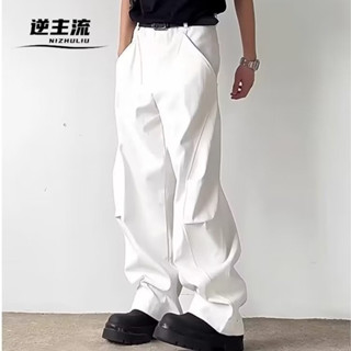 日系古著白色工裝褲 原宿風牛仔褲 白色寬褲不透 男牛仔長褲 設計感嘻哈拖地褲 vibe風百搭牛仔褲男【逆主流】