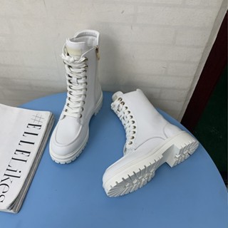 shoes鞋魔【臺灣出貨】頭層牛皮女鞋 秋冬加絨白色顯瘦馬丁靴女 保暖平底側拉鍊綁帶短靴 純色百搭英倫風女短靴 瑕疵LP